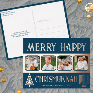 Merry Happy Chrismukkah 4 Foto Blue en Roos Gold Folie Feestdagen Briefkaart