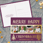 Merry Happy Chrismukkah 4 Foto Plum Paarse Goud Folie Feestdagen Briefkaart<br><div class="desc">Creëer uw eigen luxe echte gouden folie vakantie begroeten briefkaarten met deze eenvoudige maar toch elegante vier foto ontwerp in donkergoud en paars met een gestileerde kerstboom en een minimalistische Menorah voor Chanoeka. Vrolijk vrolijk Chrismukkah! Voeg je vier favoriete foto's toe met de eenvoudige sjabloon-uploader en kijk hoe je afbeeldingen...</div>
