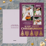Merry Happy Chrismukkah Chic 3 Foto Paarse Goud Folie Feestdagenkaart<br><div class="desc">Gepersonaliseerde foto-wenskaarten bedrukt met echte gouden folie voegen een vleugje luxe toe aan uw vakantie-mailings. Eenvoudig aan te passen, voeg gewoon uw drie foto's toe waar ze enigszins overlappen met dunne gouden randen op de massieve pruim paarse achtergrond. Bewerk het jaar bovenaan en jouw naam en een korte begroeting onder...</div>