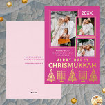 Merry Happy Chrismukkah Chic 3 Foto Roze Goud Folie Feestdagenkaart<br><div class="desc">Gepersonaliseerde foto-wenskaarten bedrukt met echte gouden folie voegen een vleugje luxe toe aan uw vakantie-mailings. Eenvoudig aan te passen, voeg gewoon uw drie foto's toe waar ze enigszins overlappen met dunne gouden randen op de massieve bessenroze achtergrond. Bewerk het jaar bovenaan en jouw naam en een korte begroeting onder de...</div>