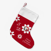 Merry Happy Cute Smiling Dog White Flowers Red Kleine Kerstsok (Voorkant (Hangend))