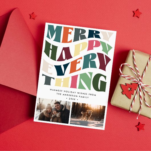 Merry Happy Everything Wave Typografie 2 foto's Feestdagenkaart