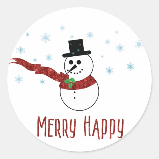 Merry Happy Snowman met Red Scarf Ronde Sticker (Voorkant)