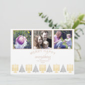 Merry Happy Tan Simple 3 Photo Collage Feestdagenkaart (Staand voorkant)