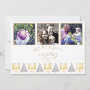 Merry Happy Tan Simple 3 Photo Collage Feestdagenkaart