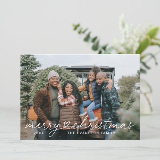 Merry Heart Christmas Script Photo Collage Feestdagenkaart (Staand voorkant)