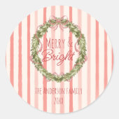 Merry & Heldere Rode Strepen Kerst Bow Krans Ronde Sticker (Voorkant)