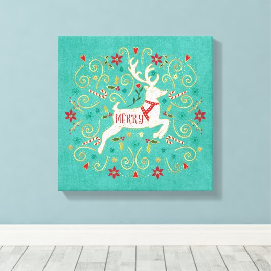 Merry Holiday Blauwgroen rendierziekte Canvas Afdruk (Insitu (Houten vloer))