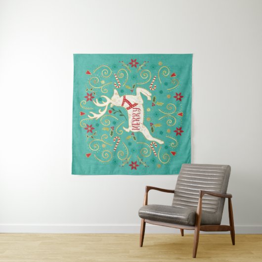 Merry Holiday Blauwgroen rendierziekte Wandkleed (In situ)