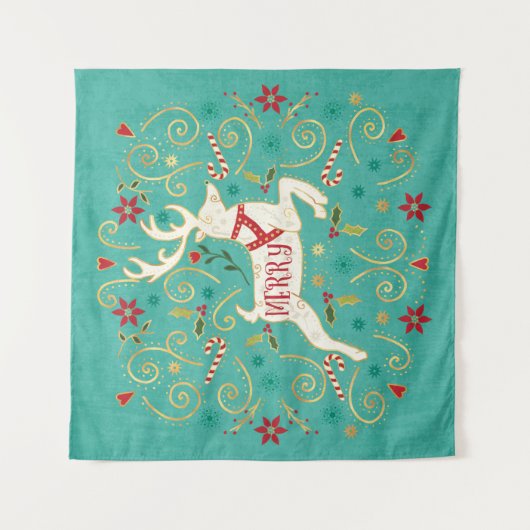 Merry Holiday Blauwgroen rendierziekte Wandkleed (Voorkant)