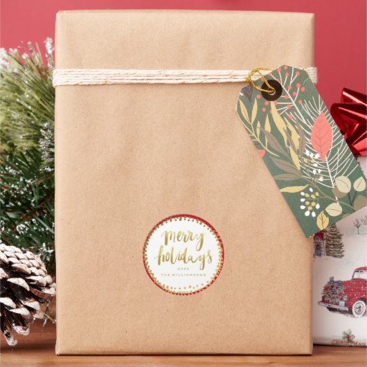 Merry Holidays Trendy Gouden Script Aangepaste Rod Ronde Sticker (Feestdagen)