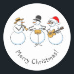 Merry Jazzy Christmas Snowman Funny Jazzband Ronde Sticker<br><div class="desc">De Schattigee Merry Classic Round Sticker is voorzien van een cartoon-illustratie van de grappige Jazzband: drie sneeuwpoppen die een prachtig kerstdeuntje spelen. Geweldige sticker om een enveloppe of cadeaupakket af te sluiten ter gelegenheid van het beste vakantieseizoen. Aarzel nooit om contact met me op te nemen via Zazzle als je...</div>