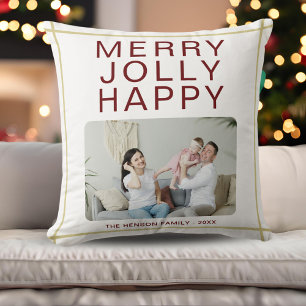 Merry Jolly Happy Custom Family Photo Holiday Kussen