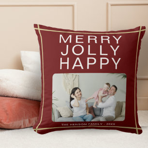 Merry Jolly Happy Custom Family Photo Red Holiday Kussen