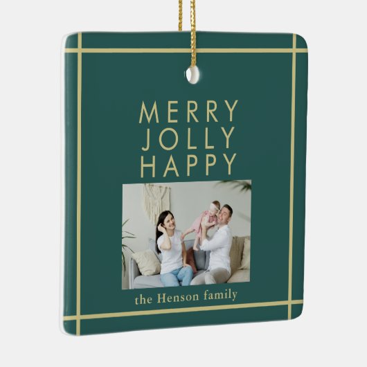 Merry Jolly Happy Family Foto met kerstgroen Keramisch Ornament (Rechts)