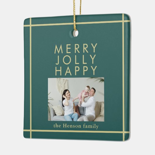 Merry Jolly Happy Family Foto met kerstgroen Keramisch Ornament (Links)