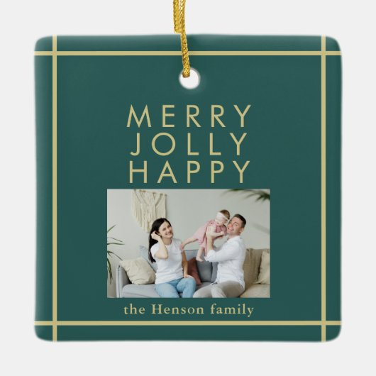 Merry Jolly Happy Family Foto met kerstgroen Keramisch Ornament (Voorkant)