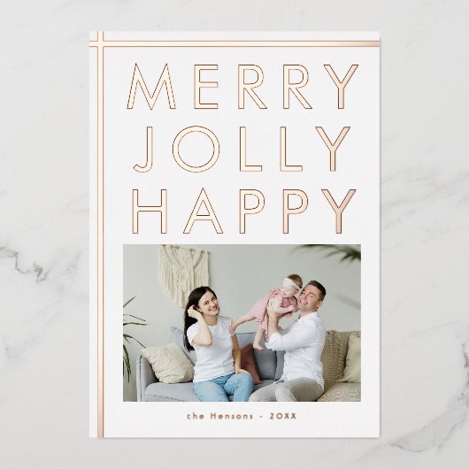Merry Jolly Happy Family Foto met Kerstmis Gold Folie Feestdagenkaart (Voorkant)