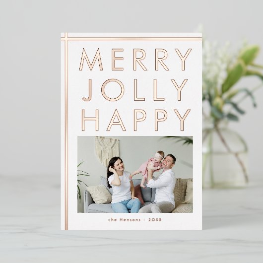 Merry Jolly Happy Family Foto met Kerstmis Gold Folie Feestdagenkaart (Staand Voorkant)