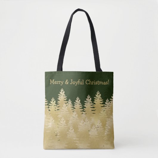 Merry Joyful Kerstmis Dark Green Gold Pine Trees Tote Bag (Voorkant)