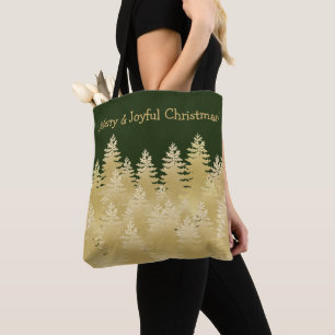 Merry Joyful Kerstmis Dark Green Gold Pine Trees Tote Bag