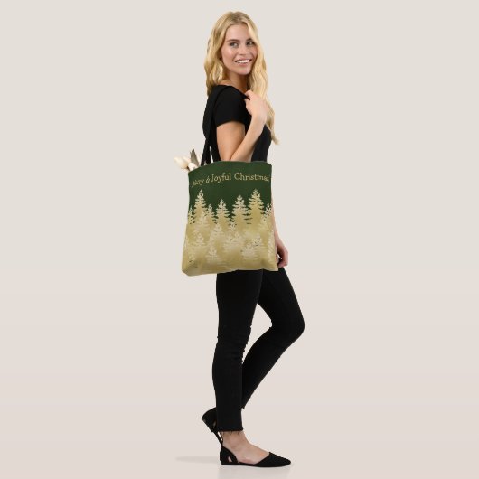 Merry Joyful Kerstmis Dark Green Gold Pine Trees Tote Bag (Op model)