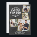 Merry kerst 4 Foto Collage Chalkboard Feestdagenkaart<br><div class="desc">Een foto-collage vakantieontwerp van Boho 4 die u kunt personaliseren met uw favoriete foto's die in goud,  bericht,  namen en jaar op een achtergrond van het karton zijn omgeven. De achterkant heeft betrekking op vallende sneeuwvlokken op een passende achtergrond van het bord. Ontworpen door: Thisnotme©</div>