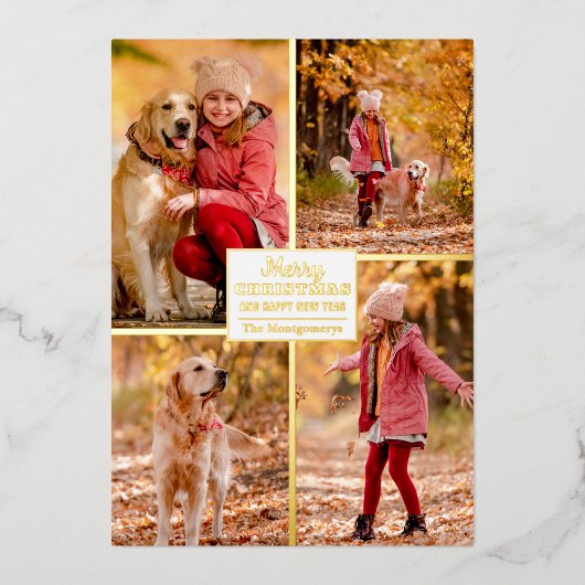 Merry kerst 4 Foto Collage Gold Folie Feestdagenkaart (Voorkant)