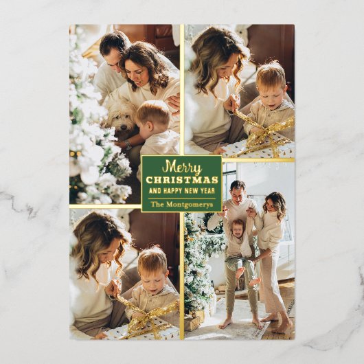 Merry kerst 4 Foto Collage Gold Folie Feestdagenkaart (Voorkant)