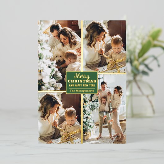 Merry kerst 4 Foto Collage Gold Folie Feestdagenkaart (Staand Voorkant)