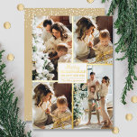Merry kerst 4 Foto Collage Gold Folie Feestdagenkaart<br><div class="desc">Echte wenskaarten voor kerstmis hebben je achternaam en de groet 'Merry Kerstmis en Happy New Year' in een echt gouden folieblad met je favoriete vier foto's die zijn gekleurd in echte gouden folie aan de voorkant en je voornamen aan de achterkant. De Live Design Service kan u indien nodig helpen...</div>