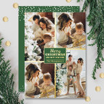Merry kerst 4 Foto Collage Gold Folie Feestdagenkaart<br><div class="desc">Echte wenskaarten met kerstmis zijn voorzien van je achternaam en de groet 'Merry Kerstmis en Happy New Year' in een echte goudfolie die groen staat met je favoriete vier foto-collage die aan de voorkant is geplakt en je voornamen aan de achterkant. De Live Design Service kan u indien nodig helpen...</div>