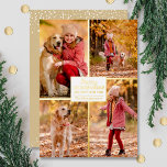 Merry kerst 4 Foto Collage Gold Folie Feestdagenkaart<br><div class="desc">Echte wenskaarten voor kerstmis hebben je achternaam en de groet 'Merry Kerstmis en Happy New Year' in een fikse goudfolie met je favoriete vier foto's die in echte folie aan de voorkant staan en je voornamen aan de achterkant. De Live Design Service kan u indien nodig helpen met de lay-out...</div>
