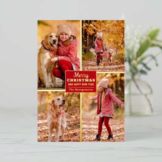 Merry kerst 4 Foto Collage Gold Folie Feestdagenkaart (Staand Voorkant)