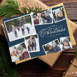 Merry kerst 7 foto collage marineblauw elegant feestdagenkaart<br><div class="desc">Deze zeven-foto vakantiekaart is voorzien van een elegante prettige kerstbehandeling en ruimte voor aangepaste tekst. De collage van foto's maakt het een perfecte kerstkaart voor het delen van de hoogtepunten van het jaar of het beste van een familiefoto. De blauw en witte marinekleuren zijn feestelijk en de verscheidenheid van fotovormen...</div>