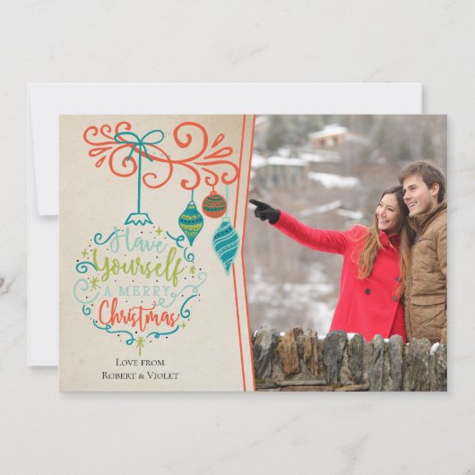 Merry kerst Bauble & Retro Ornaments - Foto Feestdagenkaart (Voorkant)