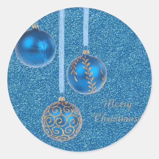 Merry kerst Baubles Gold Blue Glitter Ronde Sticker (Voorkant)