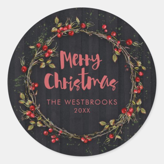 Merry kerst Berry Wreath Ronde Sticker (Voorkant)
