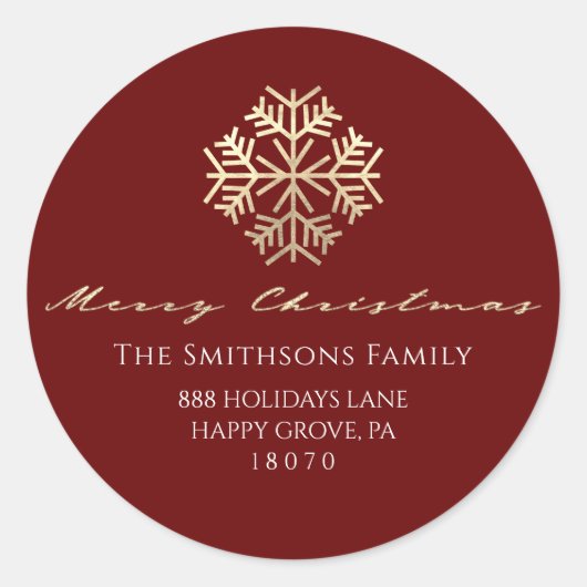 Merry kerst Burgundy Gold RSVP Snowflakes Ronde Sticker (Voorkant)