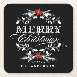 Merry kerst Chalkboard Holly Wreath Typografie Kartonnen Onderzetters