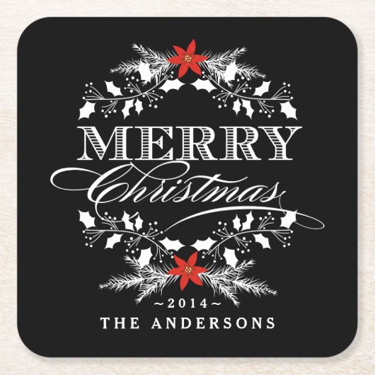 Merry kerst Chalkboard Holly Wreath Typografie Kartonnen Onderzetters (Voorkant)