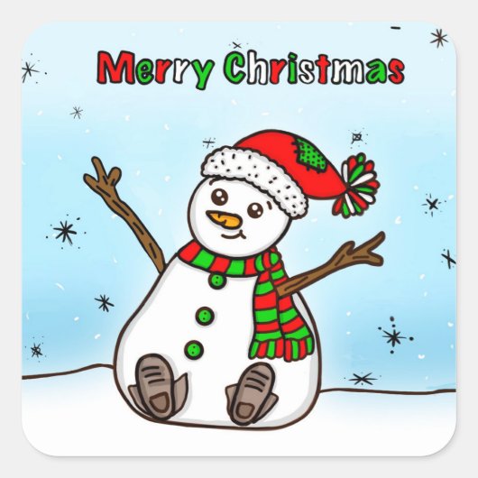 Merry kerst Cute Plump Snowman Vierkante Sticker (Voorkant)