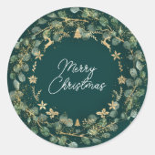 Merry kerst Deep Green Wreath Woodland Gold Ronde Sticker (Voorkant)