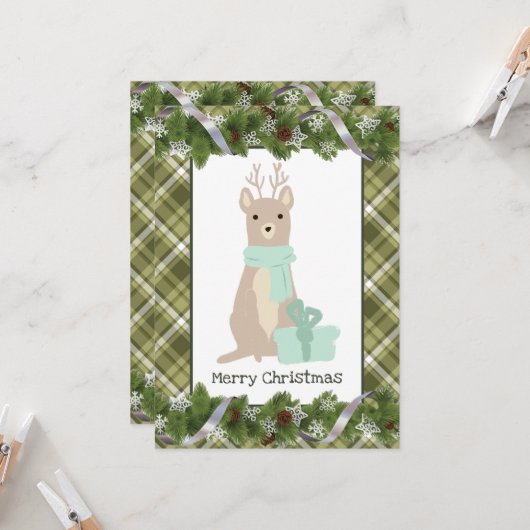 Merry kerst Deer Flat Wenskaart Kaart (Voorkant / Achterkant in situ)