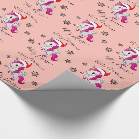 Merry-kerst-eenhoorn en sneeuwvlokken op maat cadeaupapier (Hoek)