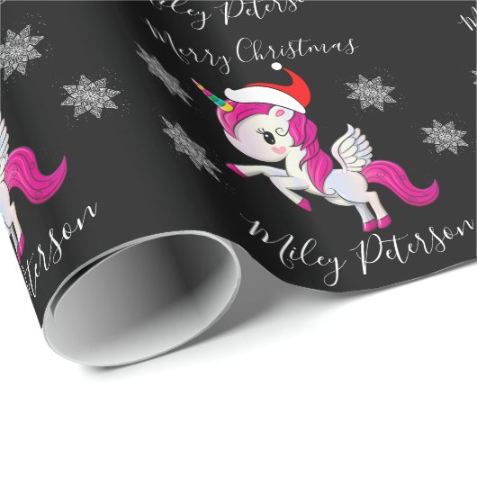 Merry-kerst-eenhoorn en sneeuwvlokken op maat cadeaupapier (Rol Hoek)