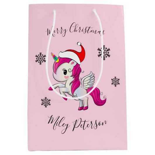 Merry-kerst-eenhoorn en sneeuwvlokken op maat medium cadeauzakje (Voorkant)