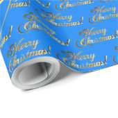 Merry kerst Elegant Cerulean Blue Gold Script Cadeaupapier (Rol Hoek)