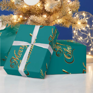 Merry kerst Elegant Faux Gold Script Blauwgroen Cadeaupapier