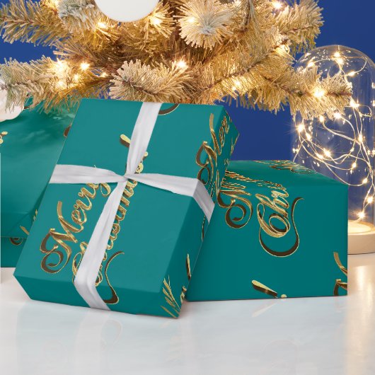 Merry kerst Elegant Faux Gold Script Blauwgroen Cadeaupapier (Feestdagen)